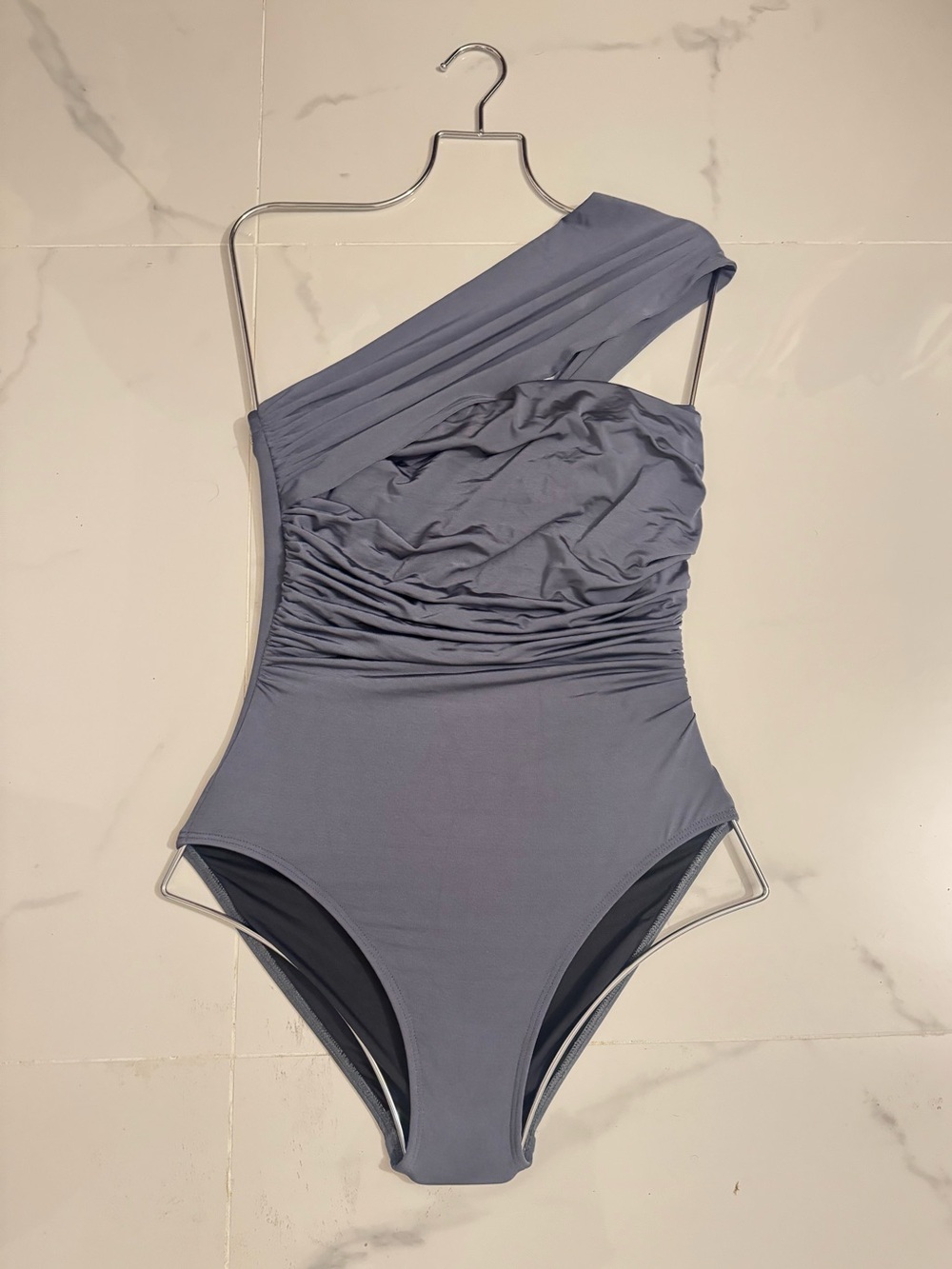 ELEGANT SWIM One-Shoulder Ruched One-Piece Swimsuit in Slate Blue Full Covered